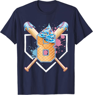 Baseball 8 Year Old Ice Cream Drip 8th Birthday Boy 8 T-Shirt - T-Shirt | Navy
