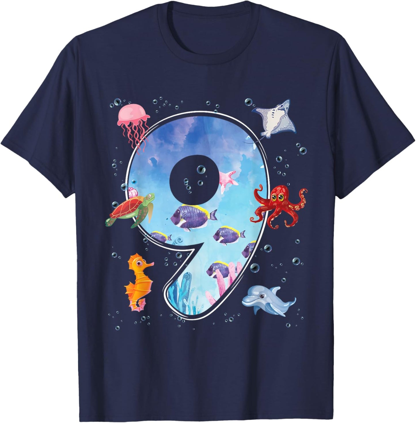 9th Birthday Party Ocean 9 Year Old Sea Fish Aquarium Boy T-Shirt - T-Shirt | Navy