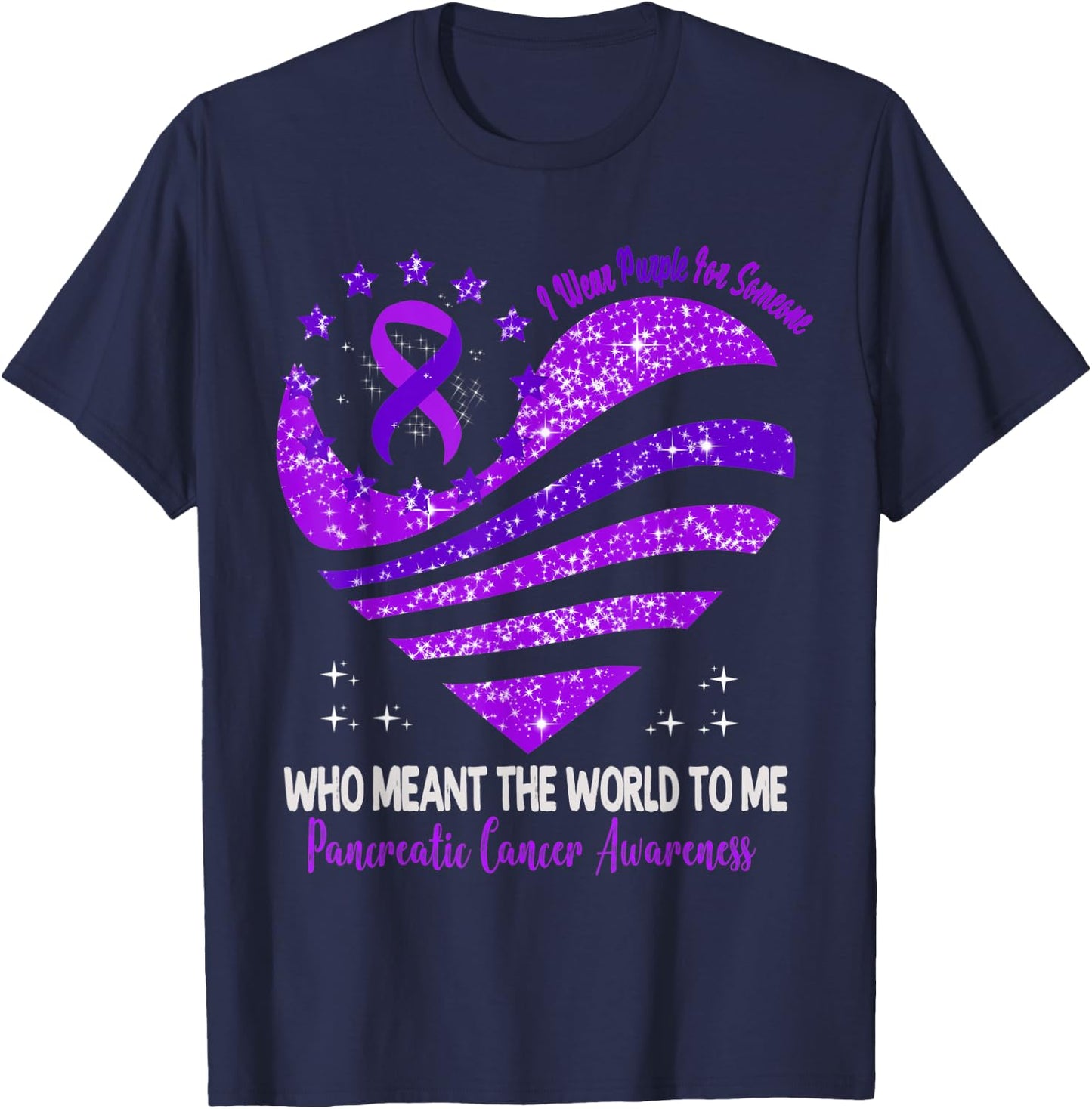 I Wear Purple For Pancreatic Cancer Awareness Heart Ribbon T-Shirt - T-Shirt | Navy