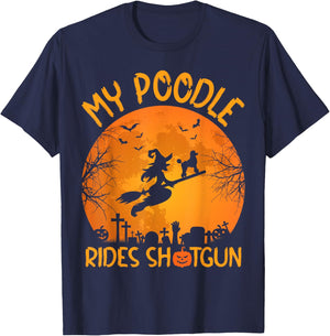 Funny My Poodle Riding Shotgun Witch Halloween T-Shirt - T-Shirt | Navy