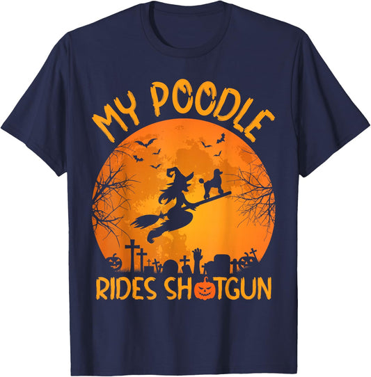 Funny My Poodle Riding Shotgun Witch Halloween T-Shirt - T-Shirt | Navy