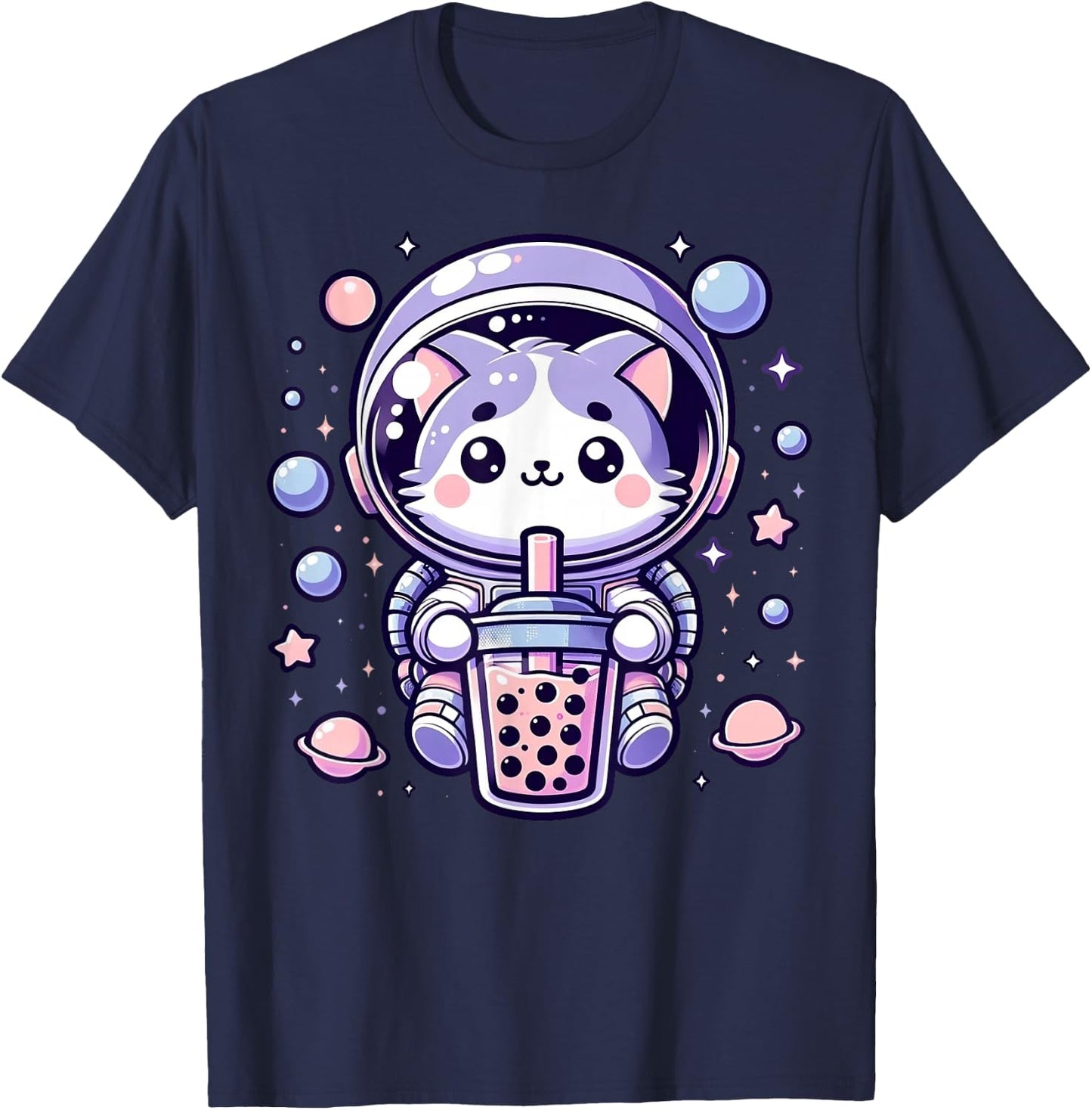 Kawaii Cat Astronaut With Boba Tea Anime In Space Adventure T-Shirt - T-Shirt | Navy