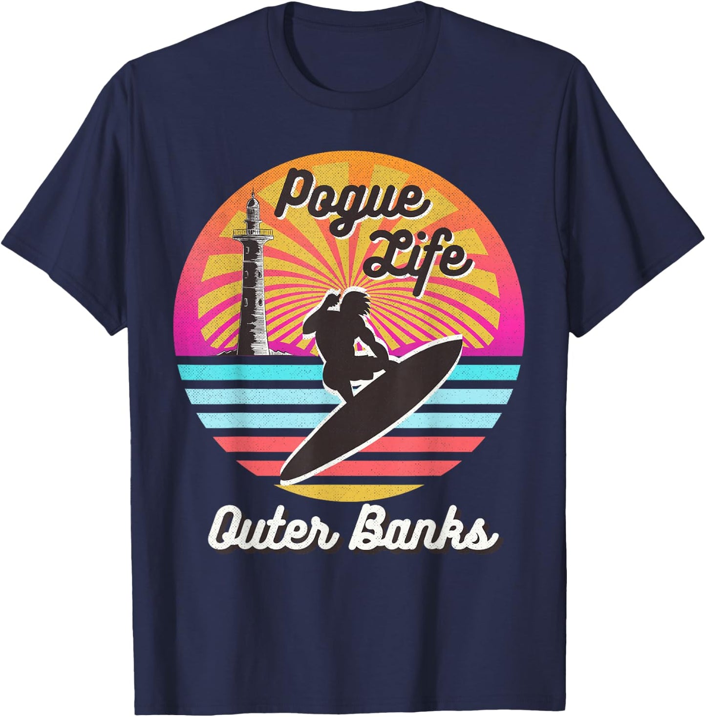 Surfer Pogue-Life-Outer-Banks Light Houses Retro Distressed T-Shirt - T-Shirt | Navy