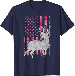 Women Girls Patriotic Pink Camo USA Flag Deer Hunter T-Shirt - T-Shirt | Navy