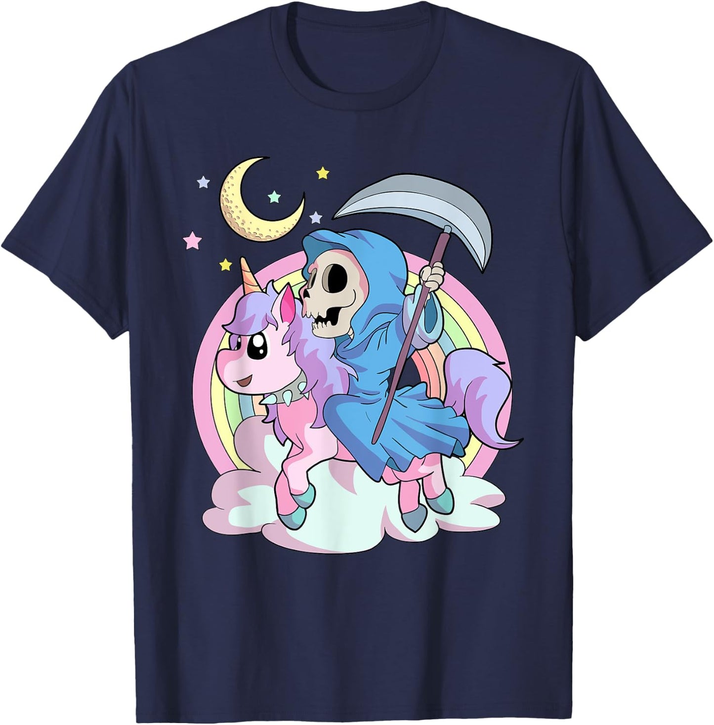 Kawaii Pastel Goth Unicorn and Grim Reaper Creepy Unicorn T-Shirt - T-Shirt | Navy
