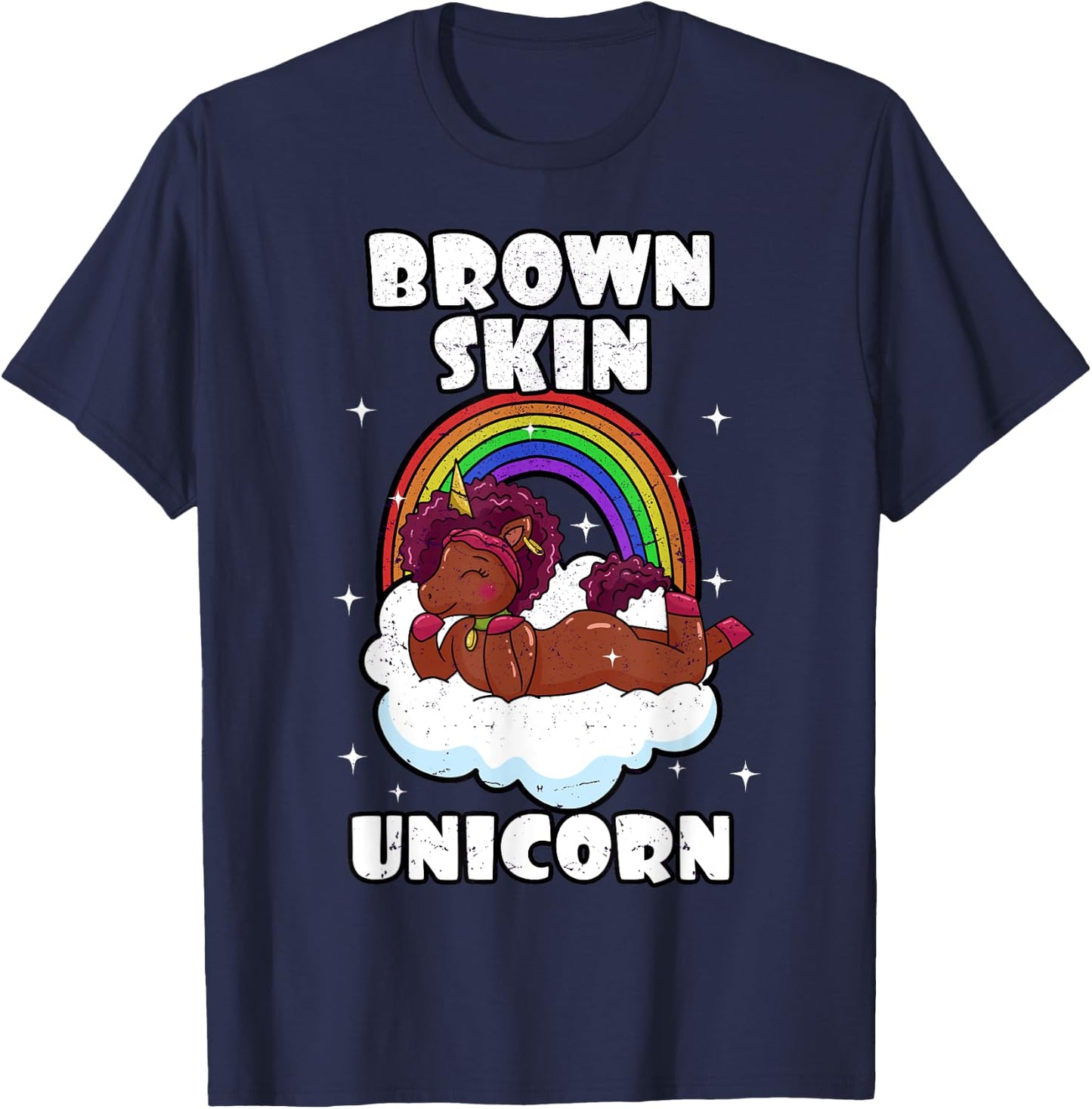 African American Black Woman Brown Skin Unicorn Afro T-Shirt - T-Shirt | Navy