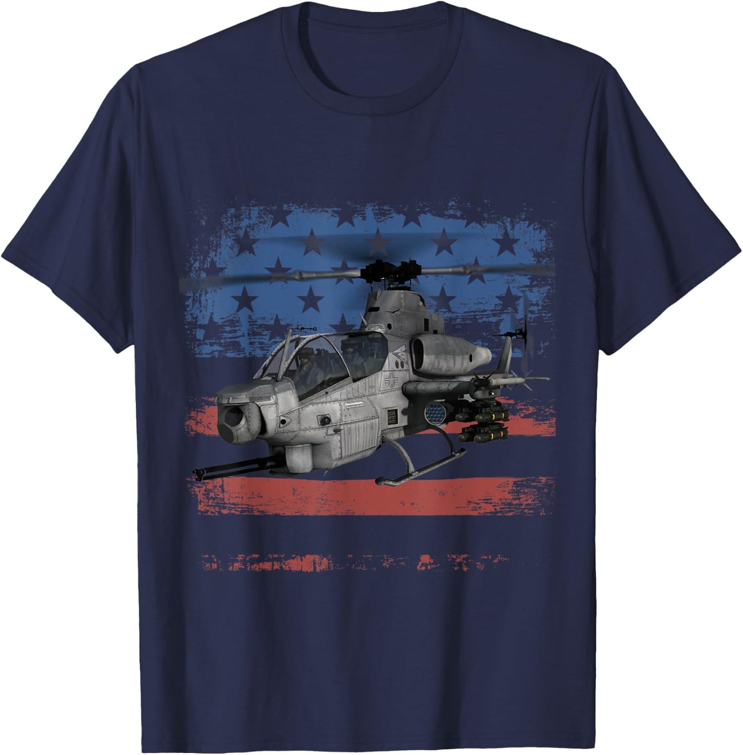 AH-1 Cobra Attack Helicopter Military Distressed US Flag T-Shirt - T-Shirt | Navy