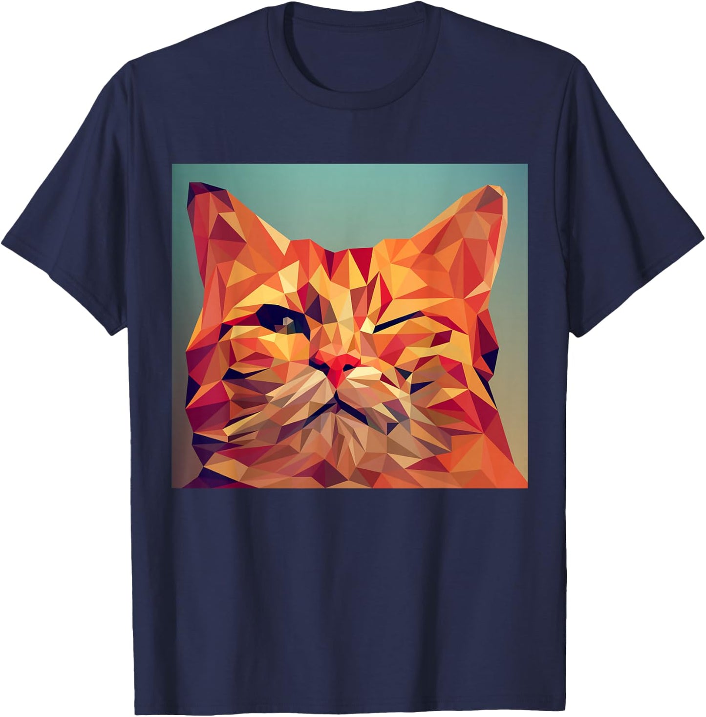 Winking Orange Cat Lover Feline Abstract Digital Poly Art T-Shirt - T-Shirt | Navy