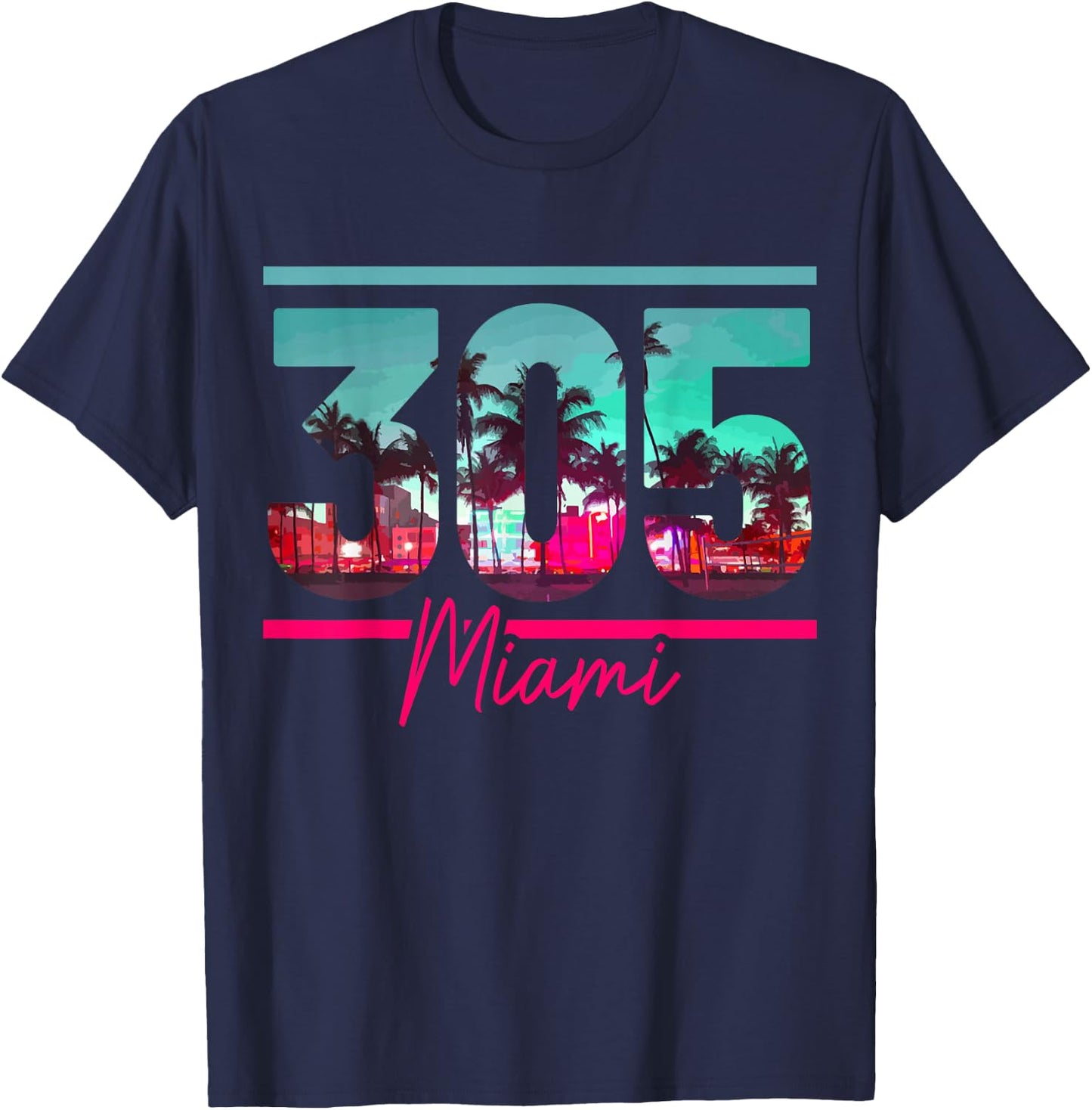 Miami 305 Area Code Florida Vintage Palm Trees Pride Retro T-Shirt - T-Shirt | Navy