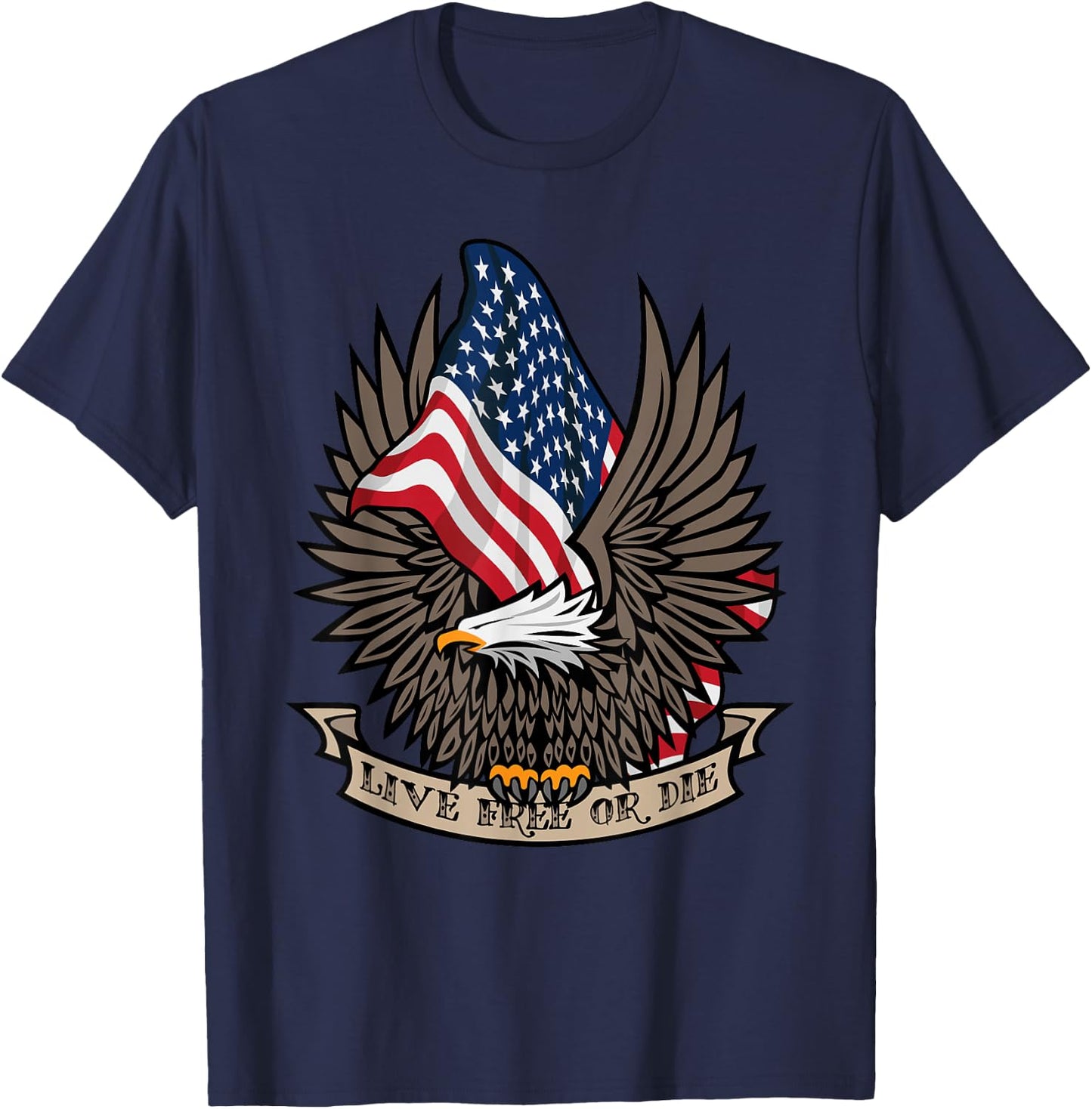 Patriotic Live Free or Die USA Bald Eagle and American Flag T-Shirt - T-Shirt | Navy