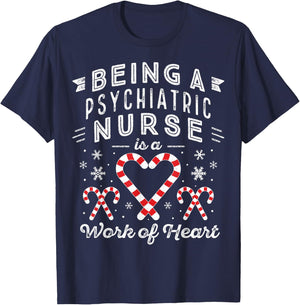 Christmas Candy Cane Heart Men Women PMHNP Psychiatric Nurse T-Shirt - T-Shirt | Navy