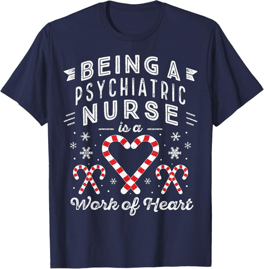 Christmas Candy Cane Heart Men Women PMHNP Psychiatric Nurse T-Shirt - T-Shirt | Navy