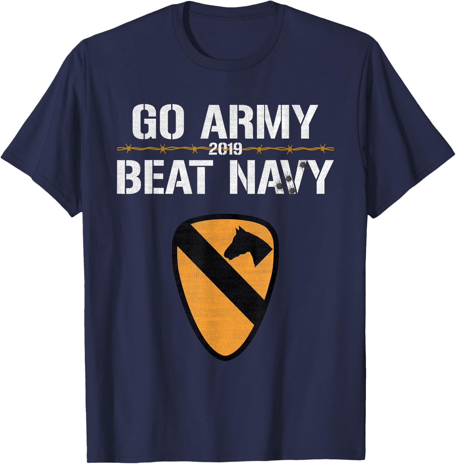 Veterans & Armed Forces Design (VAFD) 2019 Go Army! Beat Navy! Barbed Wire, Bullet Holes & Cavalry - Black, , Short Sleeve, , Modern Style, Military Theme, Adult Size: Small T-Shirt - T-Shirt | Navy