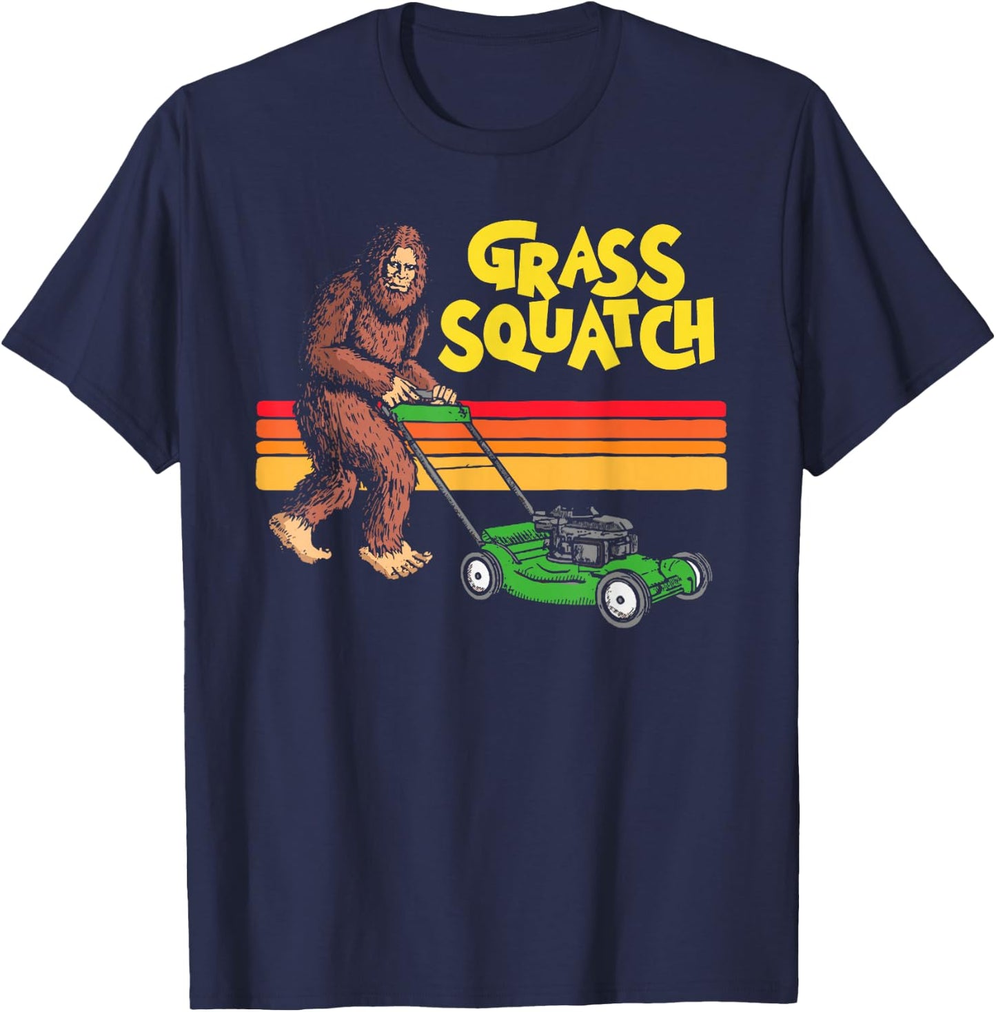 GrassSquatch! Push Lawn Mower Funny Bigfoot Sasquatch 80s T-Shirt - T-Shirt | Navy