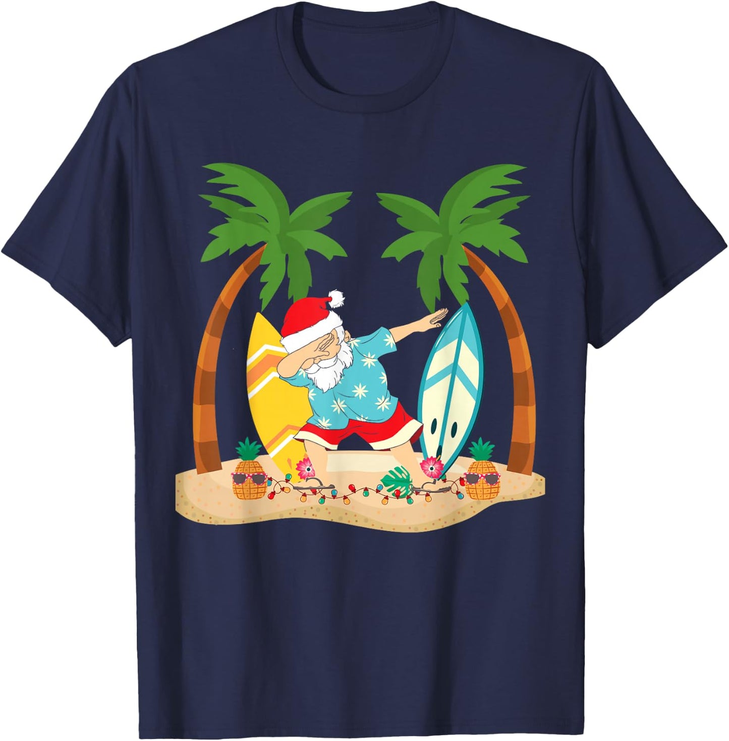 Christmas in July Dabbing Santa Tropical Beach Surfing T-Shirt - T-Shirt | Navy