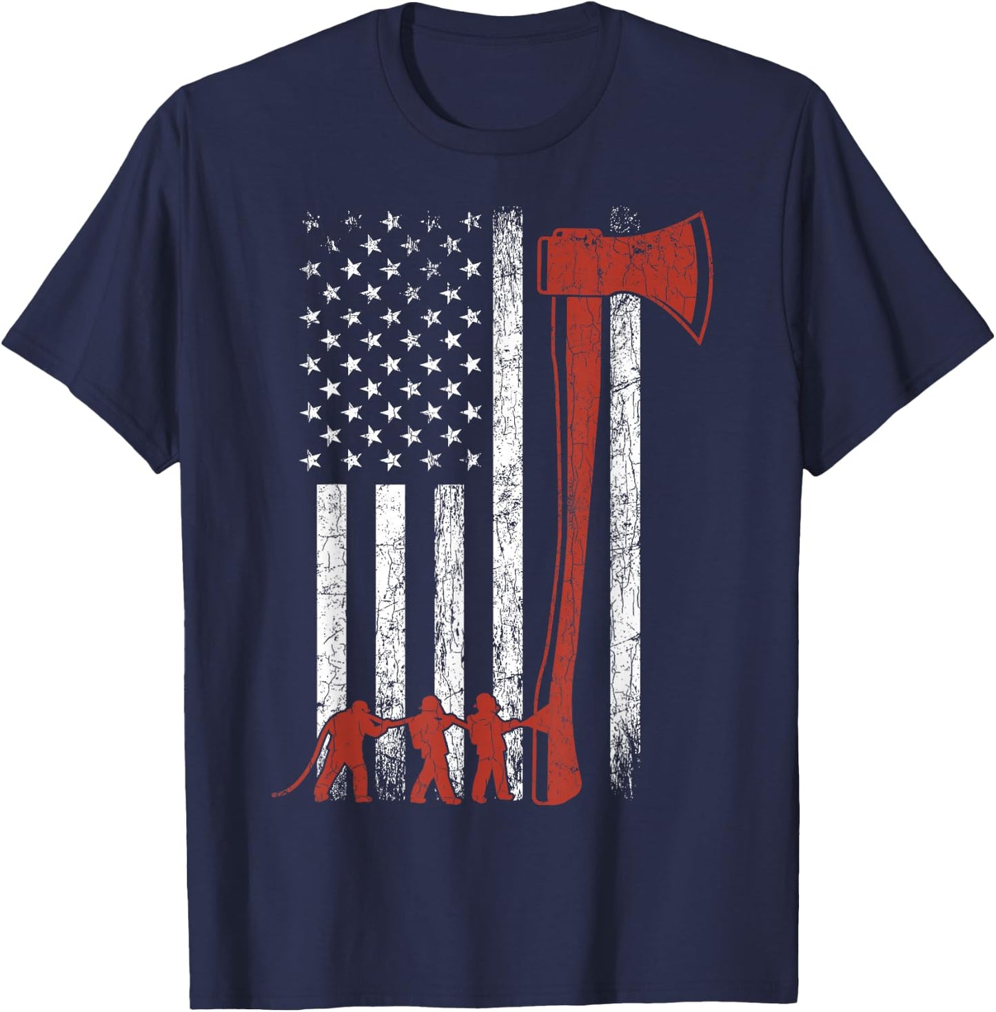 Firefighter USA Flag Funny Firemen Fire Truck Graphic T-Shirt - T-Shirt | Navy