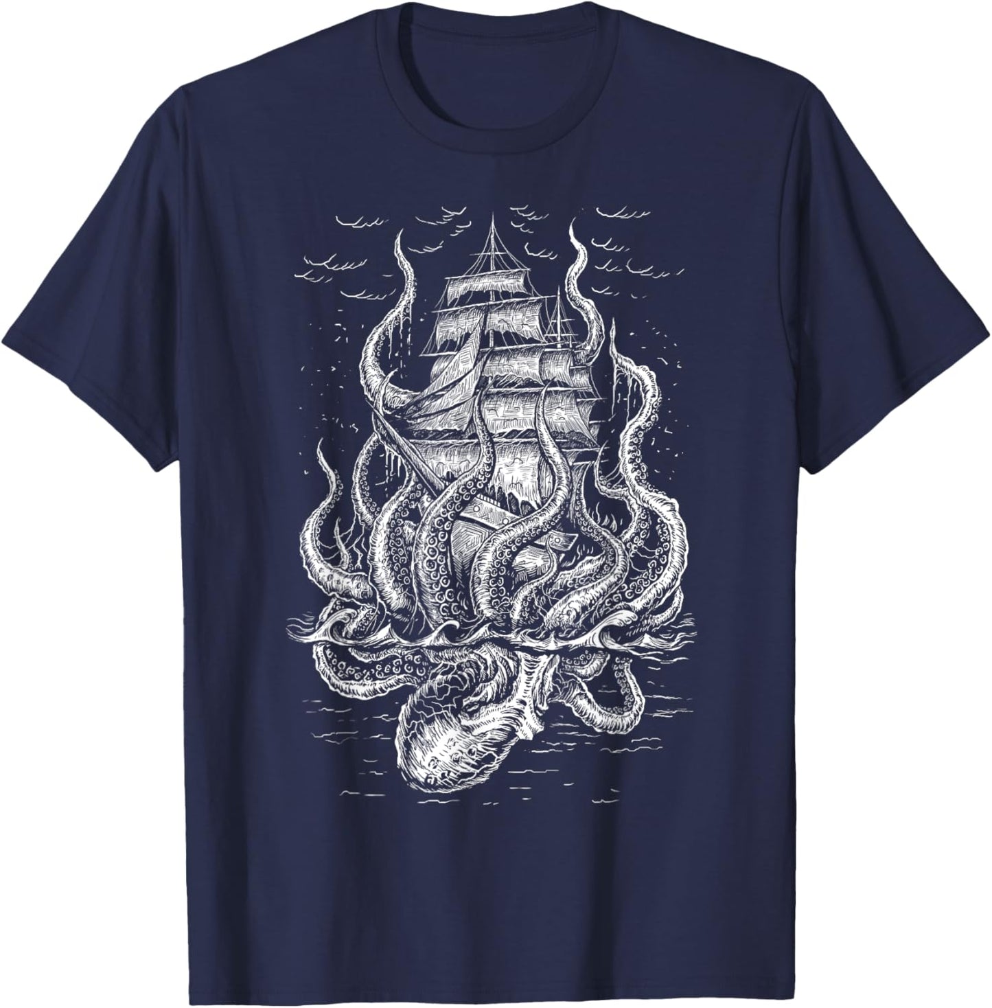 Call of the Kraken - Octopus with Pirateship T-Shirt - T-Shirt | Navy