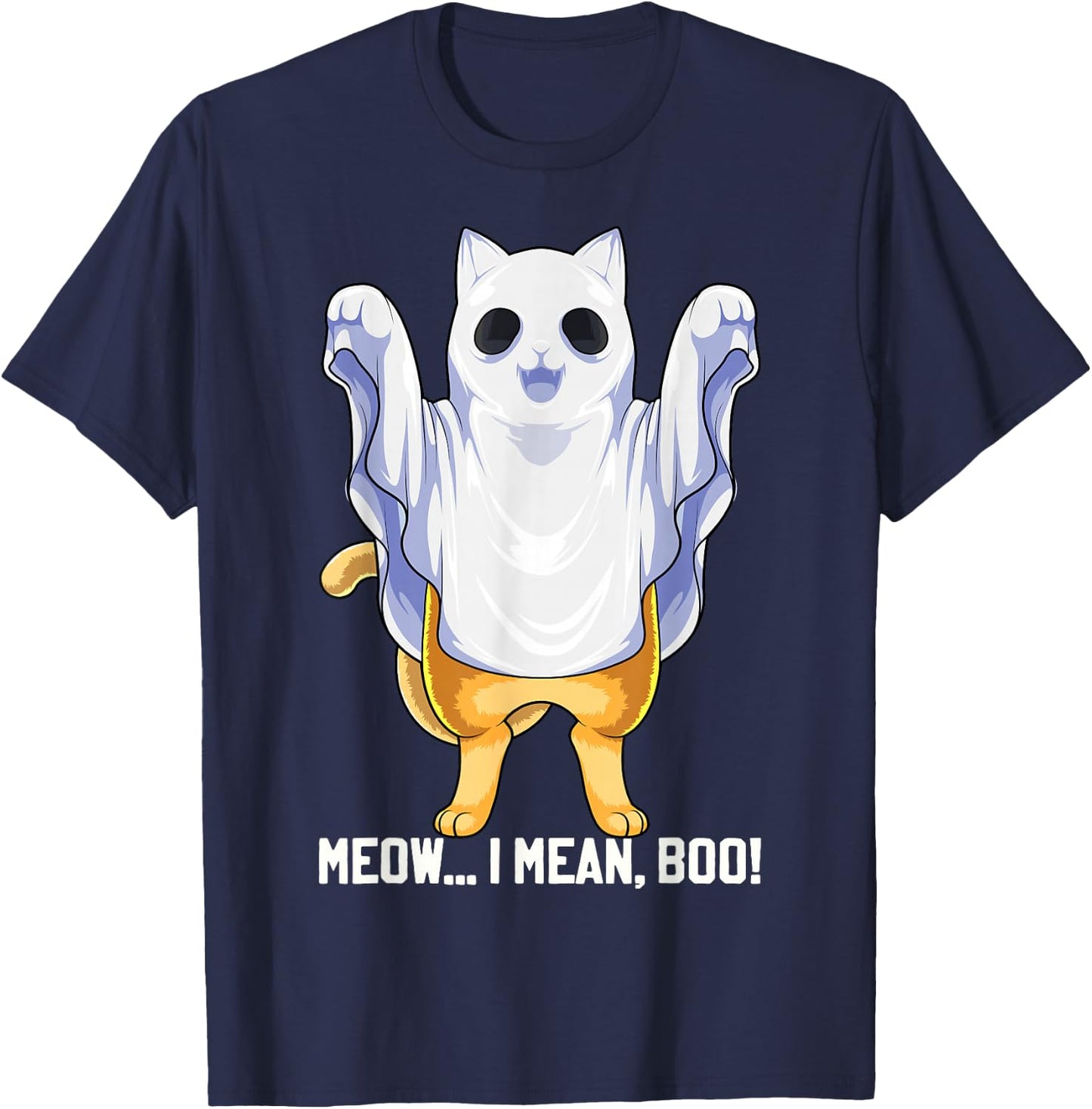 Meow I Mean Boo Ghost Cat Funny Halloween Costume Boys Kids T-Shirt - T-Shirt | Navy