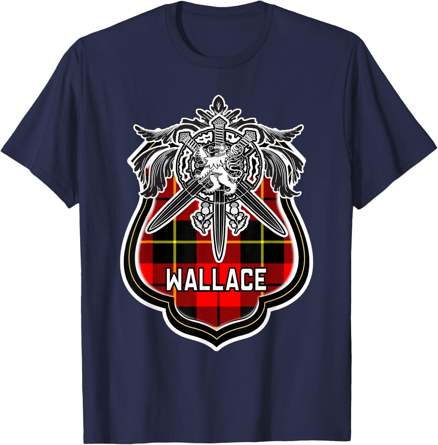 Wallace Scottish Clan Family Tartan Lion Sword Name T-Shirt - T-Shirt | Navy