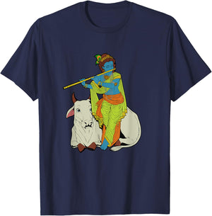 Hindu god - the blue flute player Krishna T-Shirt - T-Shirt | Navy