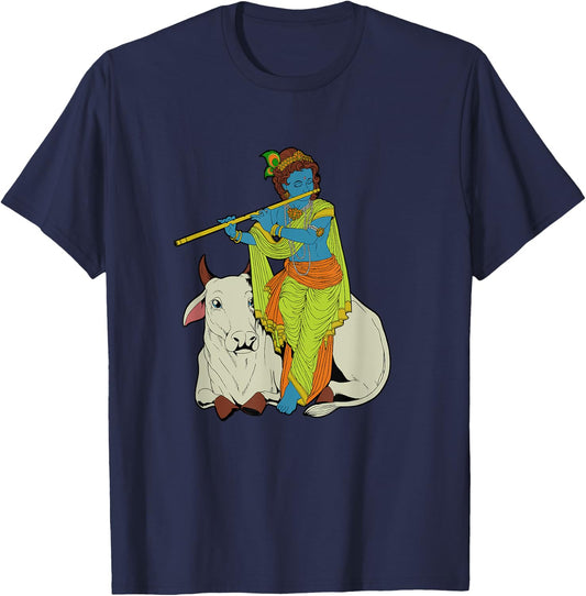 Hindu god - the blue flute player Krishna T-Shirt - T-Shirt | Navy