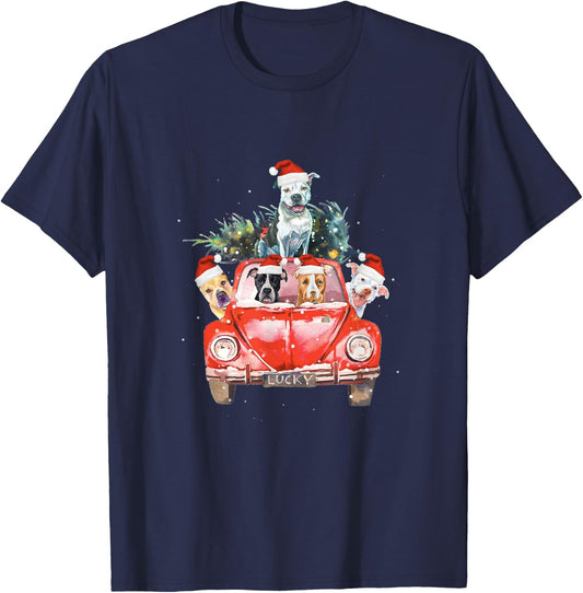 Pitbull Riding Red Truck Christmas Tree Santa Pitbull Xmas T-Shirt - T-Shirt | Navy