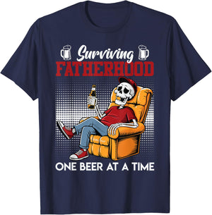 Fatherhood SURVIVING FATHERHOOD ONE BEER A TIME Dads T-Shirt - T-Shirt | Navy