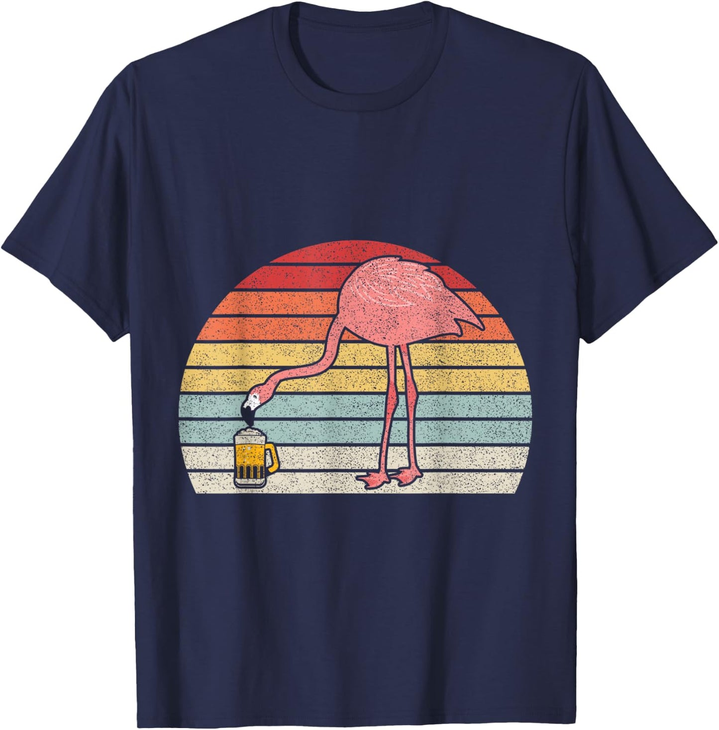 Retro Vintage Pink Flamingo Drinking Beer T-Shirt - T-Shirt | Navy