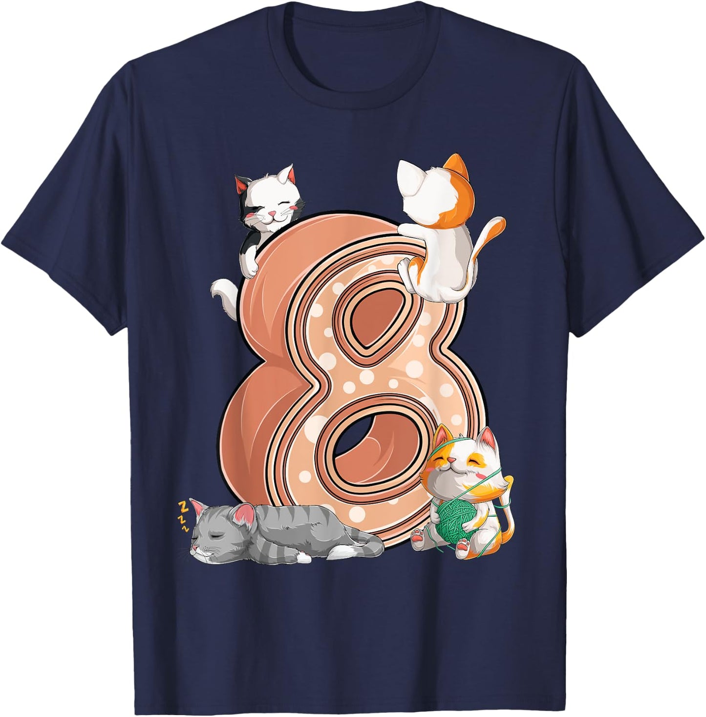 Cats 8th Birthday Party Eight 8 Years Old Kitten Pet Owner T-Shirt - T-Shirt | Navy