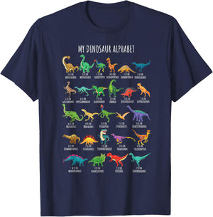 Types Of Dinosaurs Alphabet A-Z ABC Dino Identification Short Sleeve T-Shirt - T-Shirt | Navy