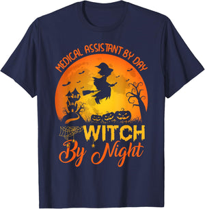 Vintage Medical Assistant By Day Witch By Night Halloween T-Shirt - T-Shirt | Navy