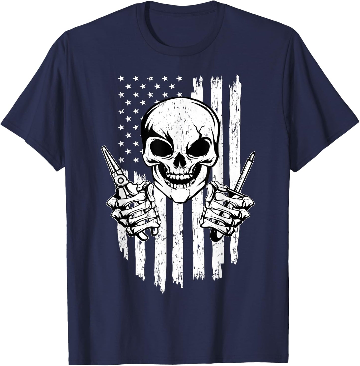 Electrician Skull Electricity Electrical Wiring US Flag T-Shirt - T-Shirt | Navy