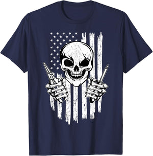 Electrician Skull Electricity Electrical Wiring US Flag T-Shirt - T-Shirt | Navy