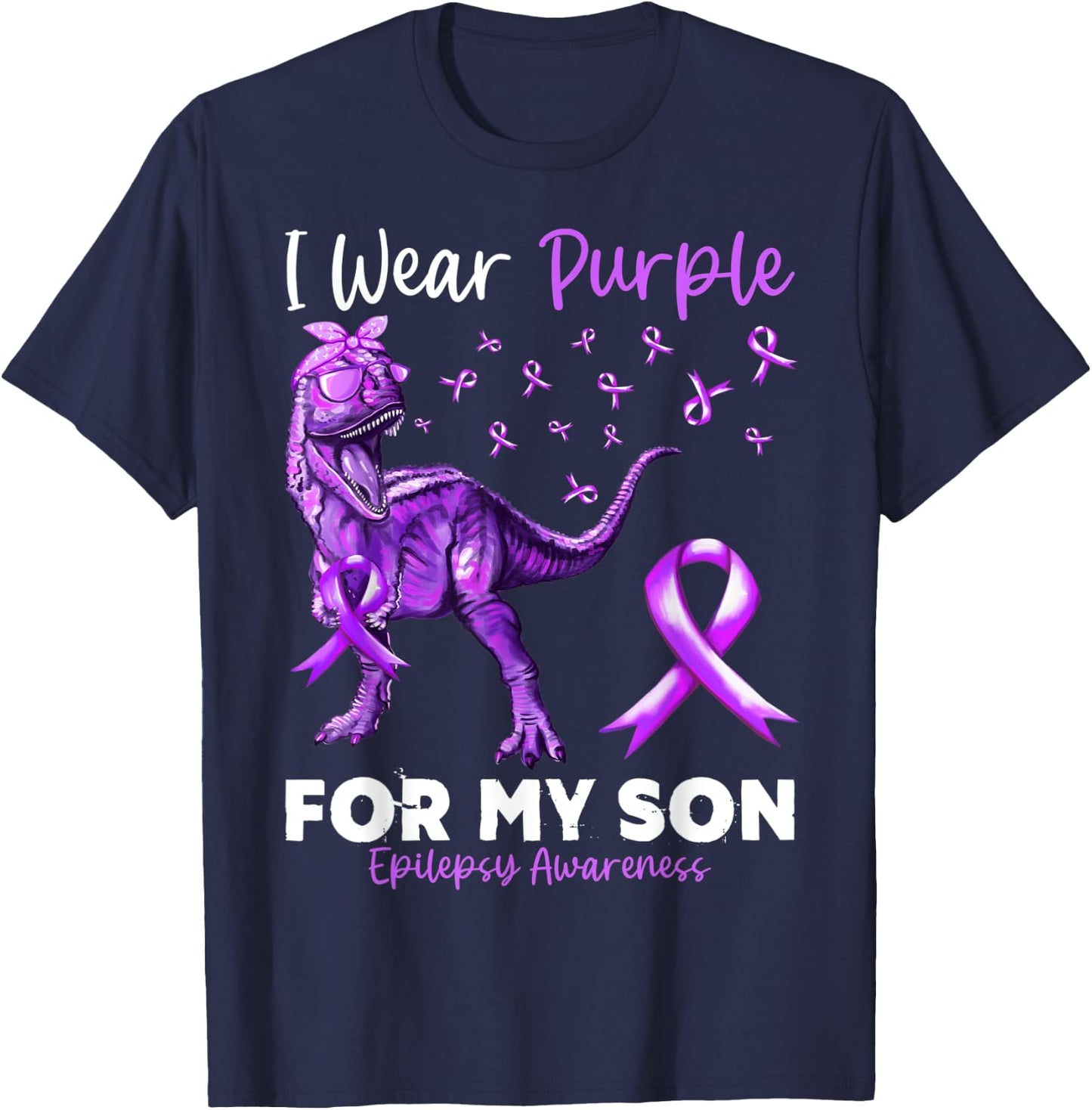 I Wear Purple For My Son Epilepsy Awareness Dinosaur T-Shirt - T-Shirt | Navy