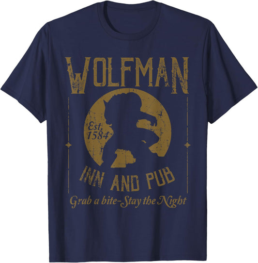Candis Raechelle Designs Wolfman Inn and Pub Distressed Black T-Shirt - T-Shirt | Navy
