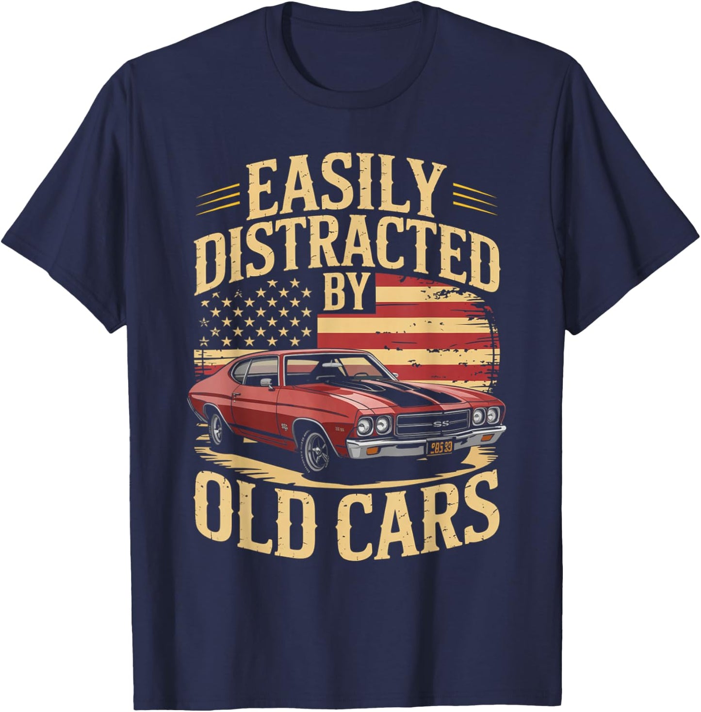 Easily Distracted by Old Cars Muscle Vibe Retro car Lovers T-Shirt - T-Shirt | Navy