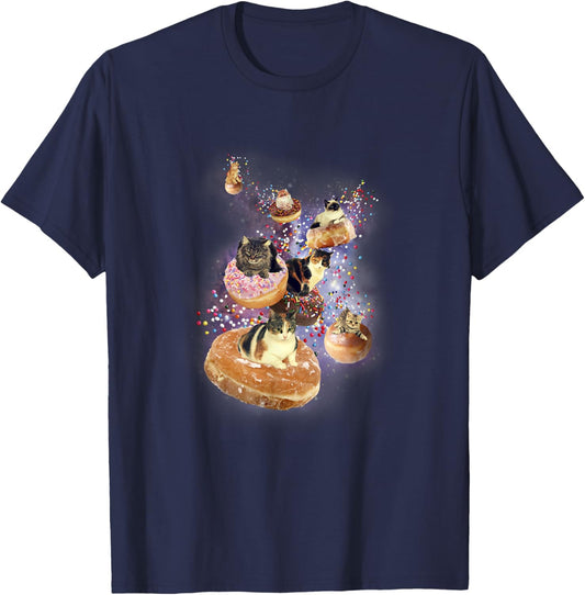 Trendy Cats Flying On Donuts In Space T-Shirt - T-Shirt | Navy