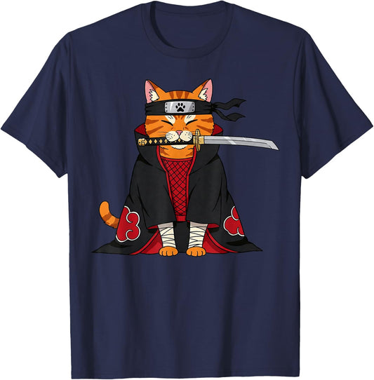 Japanese Samurai Ninja Anime Cat Kawaii Gifts Men Women Kids T-Shirt - T-Shirt | Navy