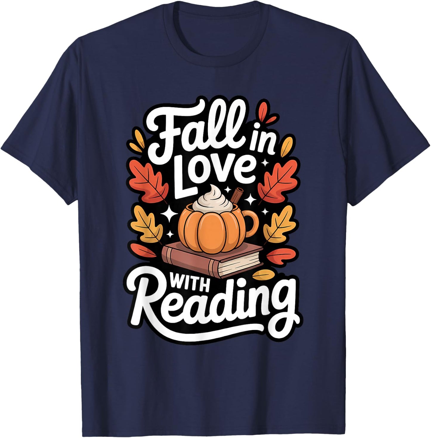 Fall in Love with Reading Autumn Librarian Cute Book Lover T-Shirt - T-Shirt | Navy