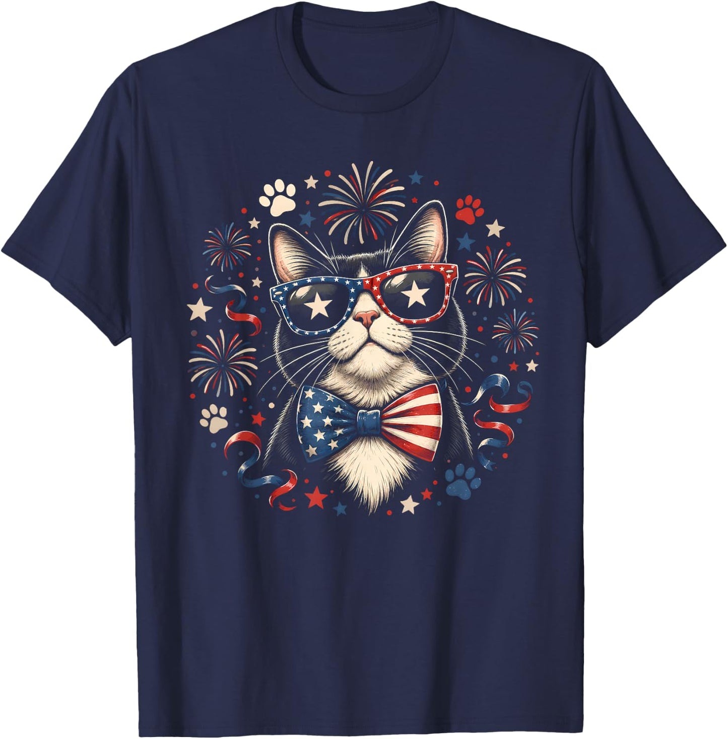 Cat 4th of July American Flag Bow Patriotic Women T-Shirt - T-Shirt | Navy