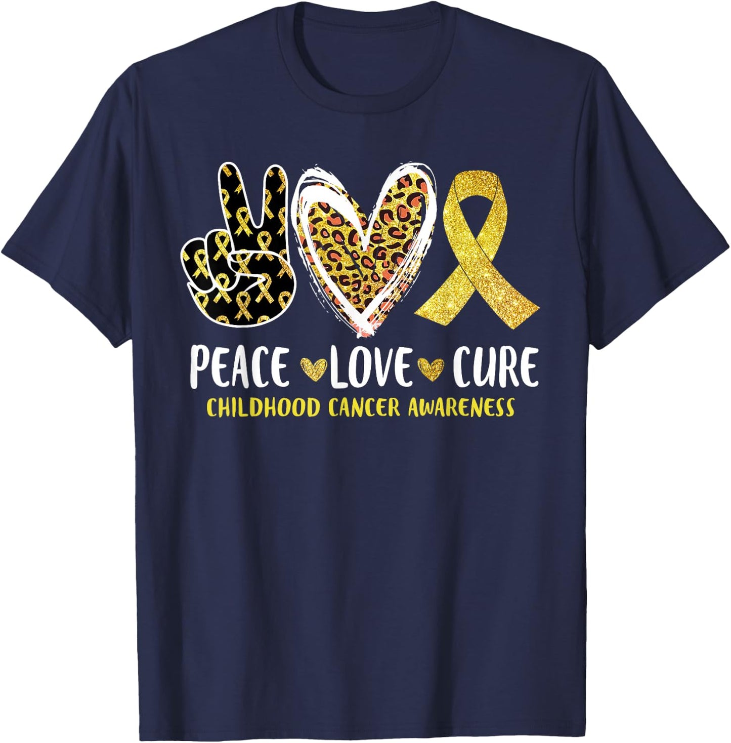 Peace Love Cure Childhood Cancer Awareness Leopart Heart T-Shirt - T-Shirt | Navy