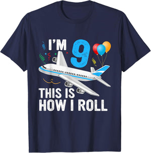 I'm 9 This is How I Roll Airplane Pilot 9th Birthday Boys T-Shirt - T-Shirt | Navy