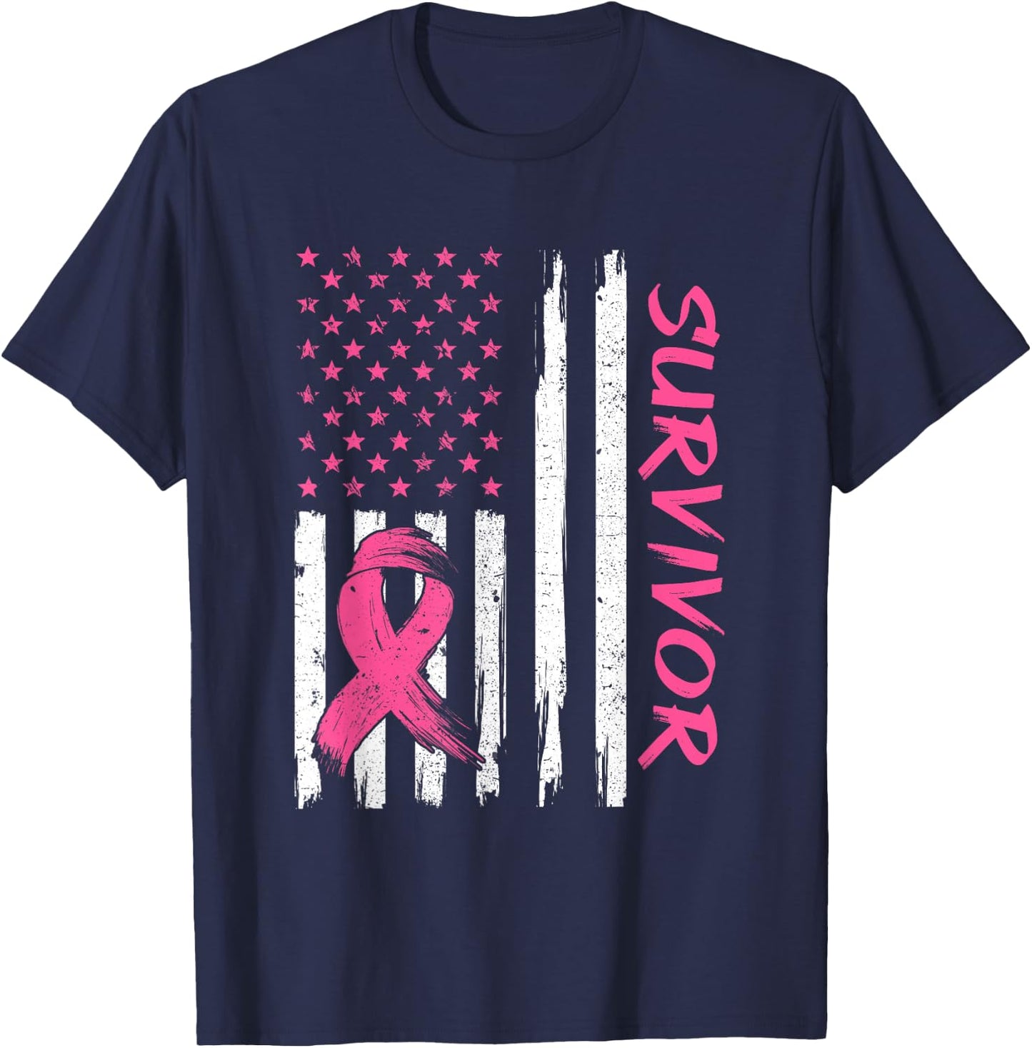 Breast Cancer Survivor American Flag Breast Cancer Awareness T-Shirt - T-Shirt | Navy