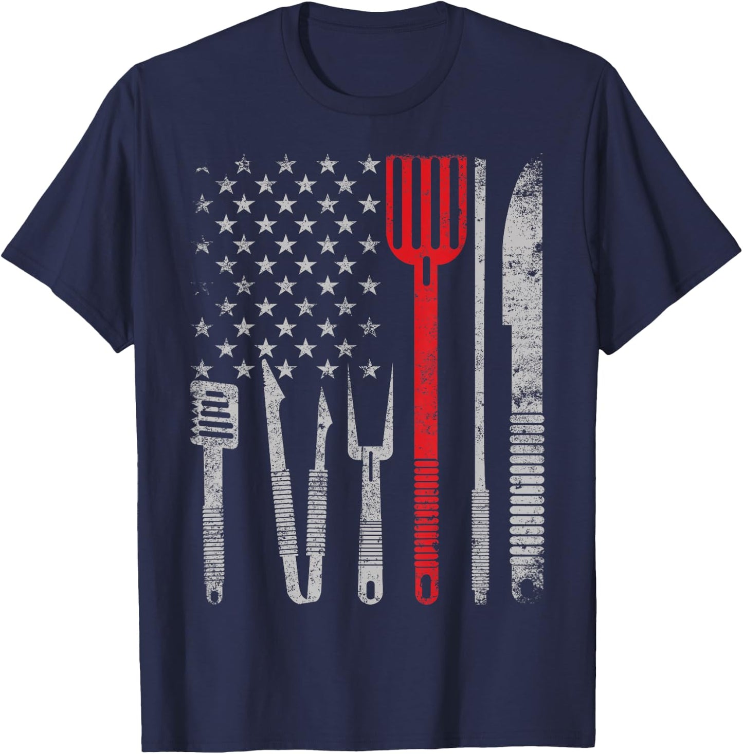 BBQ Grill pork with 4th July USA flag Cooking Chef T shirt T-Shirt - T-Shirt | Navy