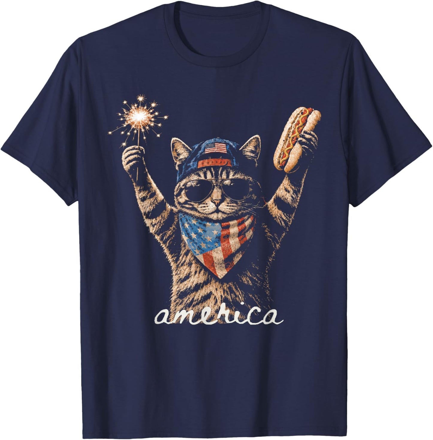 Retro Funny America CatHot Dog Lovers Patriotic US Flag T-Shirt - T-Shirt | Navy