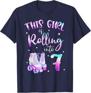 7th Bday Rolling Into 7 Birthday Girl Roller Skate Party T-Shirt - T-Shirt | Navy