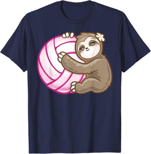 Sloth Hug Pink Ball Girls Volleyball Lover Fan Sports player T-Shirt - T-Shirt | Navy