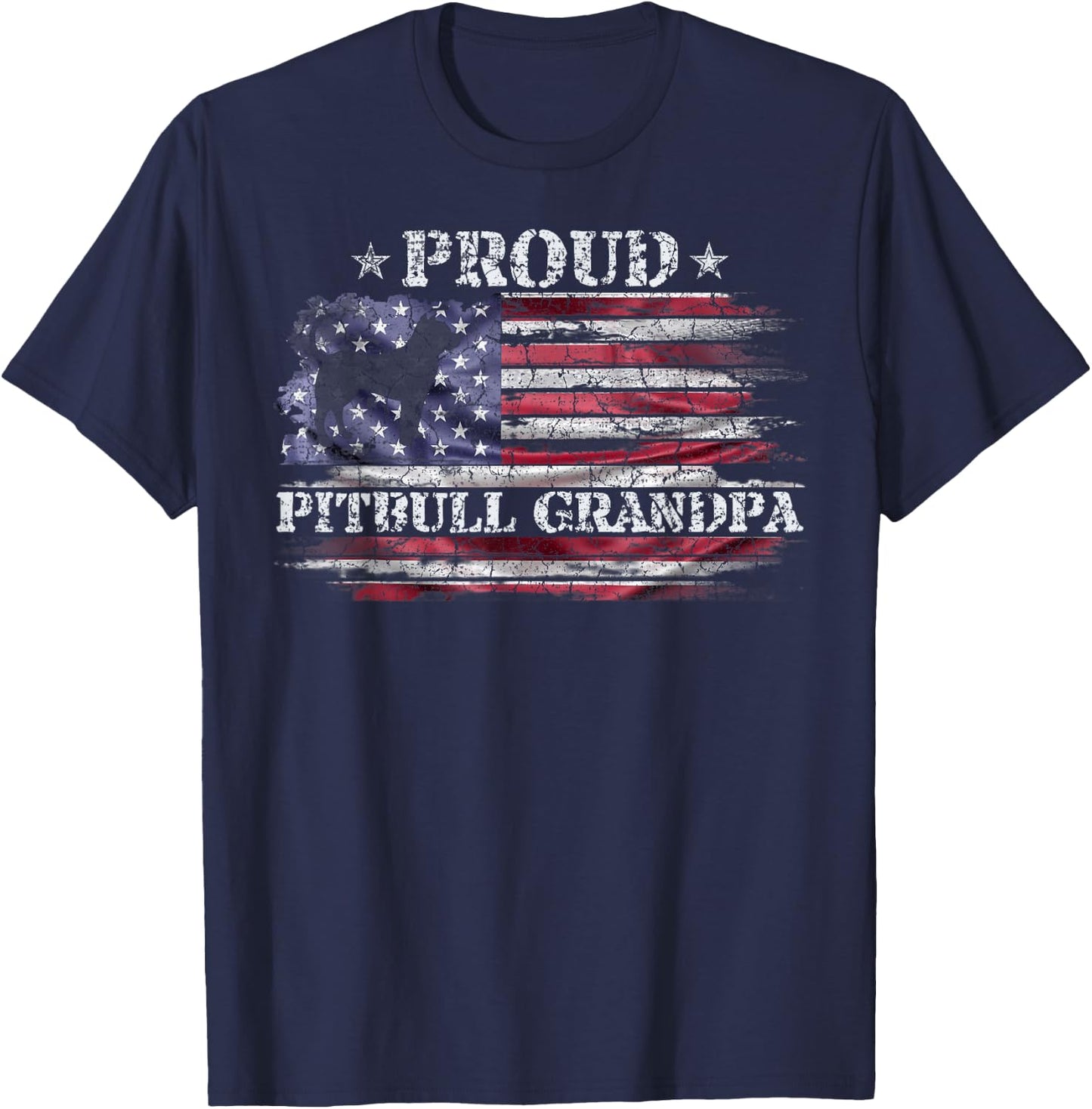 Vintage USA Flag Proud Pitbull Dog Grandpa Pittie Silhouette Women Kids Men T-Shirt - T-Shirt | Navy