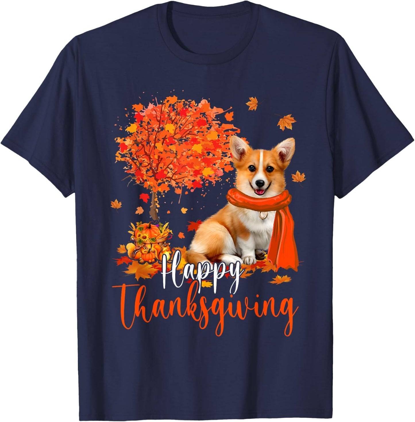 Happy Thanksgiving Corgi Dog And Autumn Tree Corgi Dog Lover Men Women Kids T-Shirt - T-Shirt | Navy
