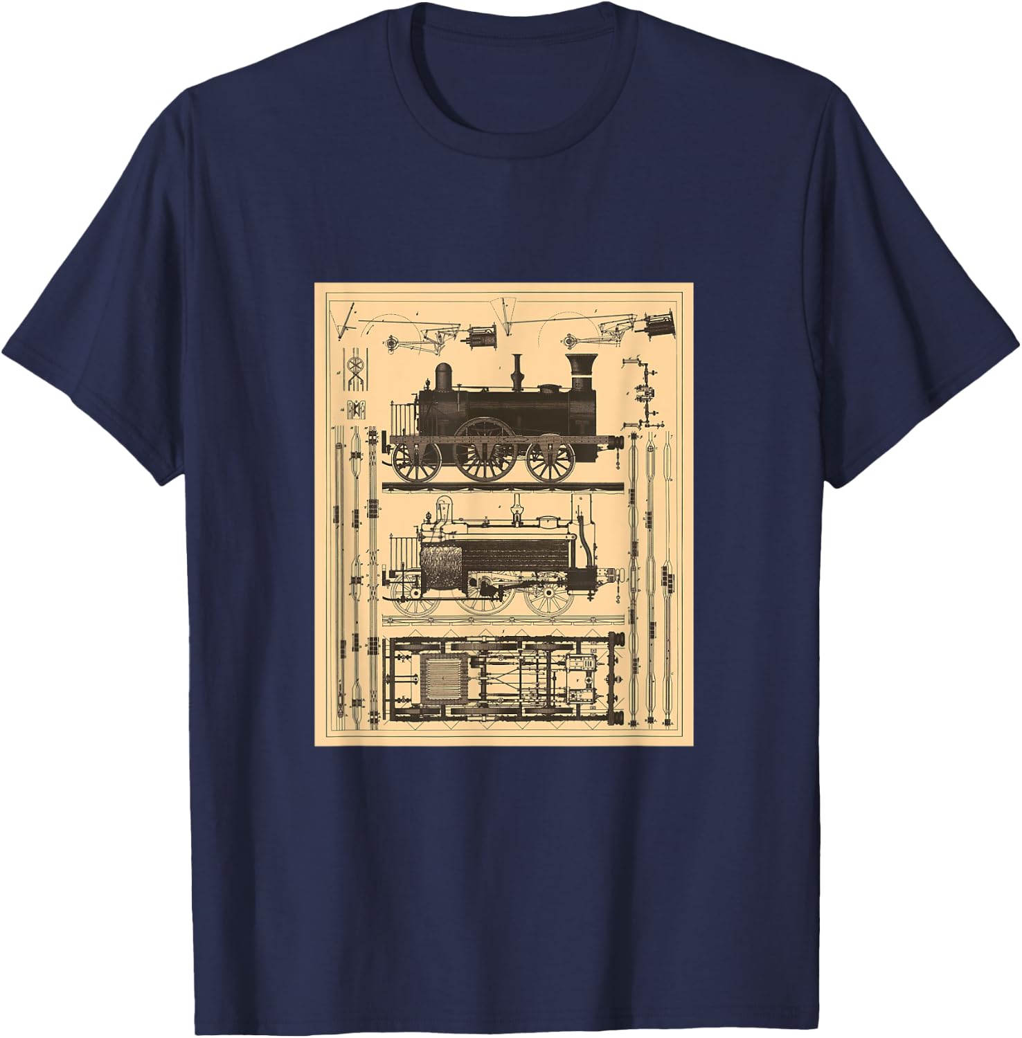 Railroad Locomotive Blueprint T-Shirt - T-Shirt | Navy